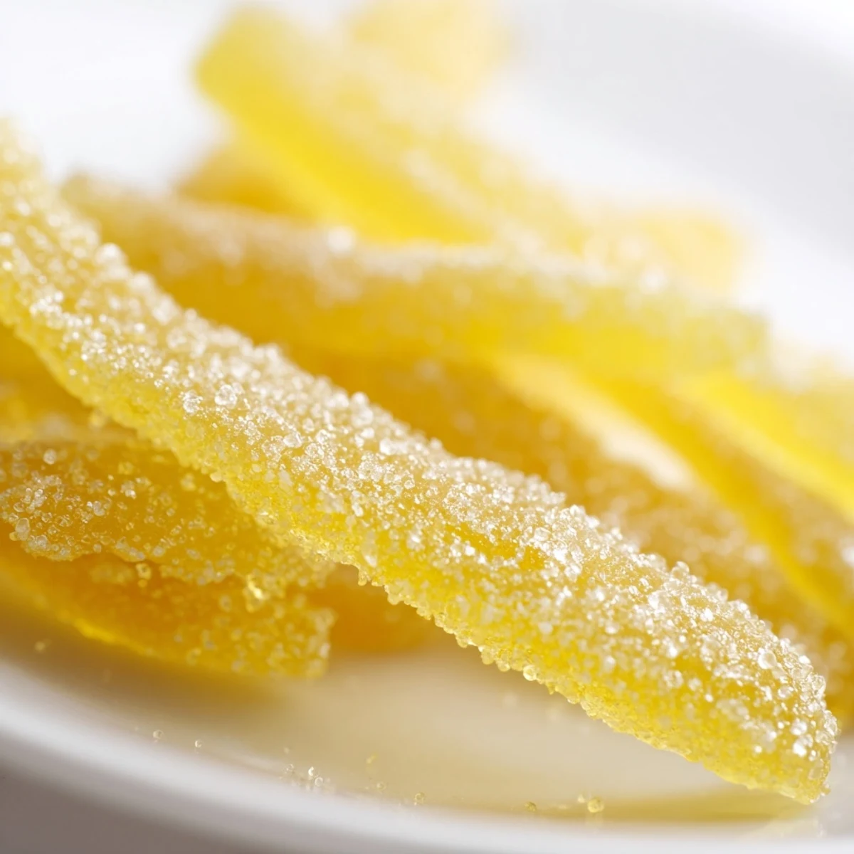 A small bowl of candied lemon peel sits beside fresh lemons and a cup of tea.