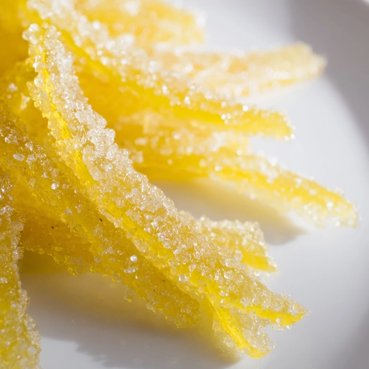 Golden candied lemon peel strips are arranged on a platter, perfect for garnishing cakes and desserts.