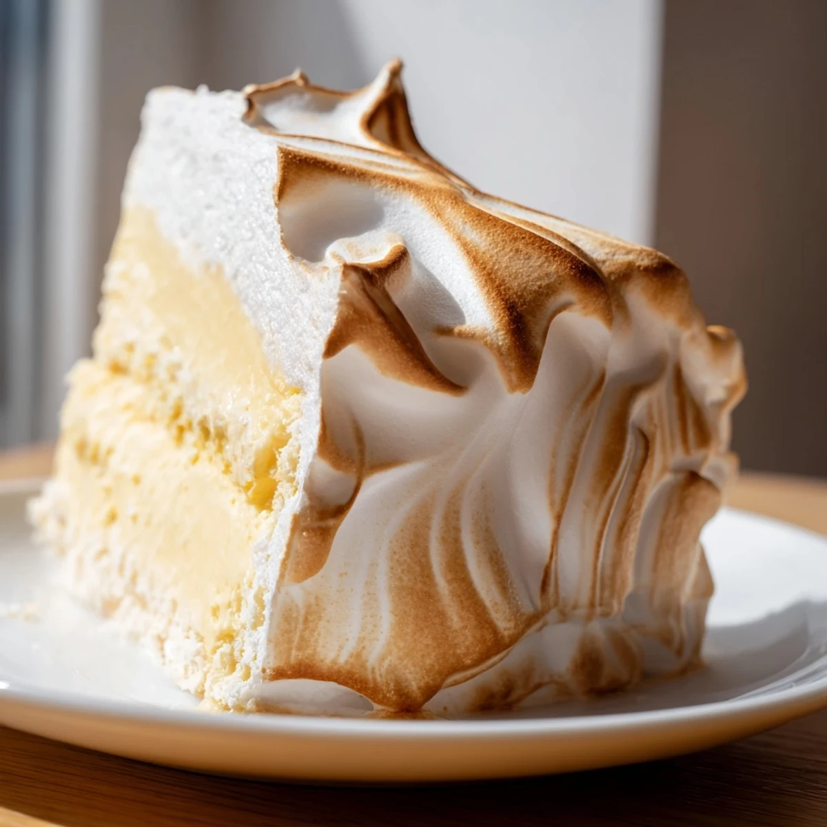 Fluffy toasted Baked Alaska meringue covers ice cream and sponge cake, ready to slice.