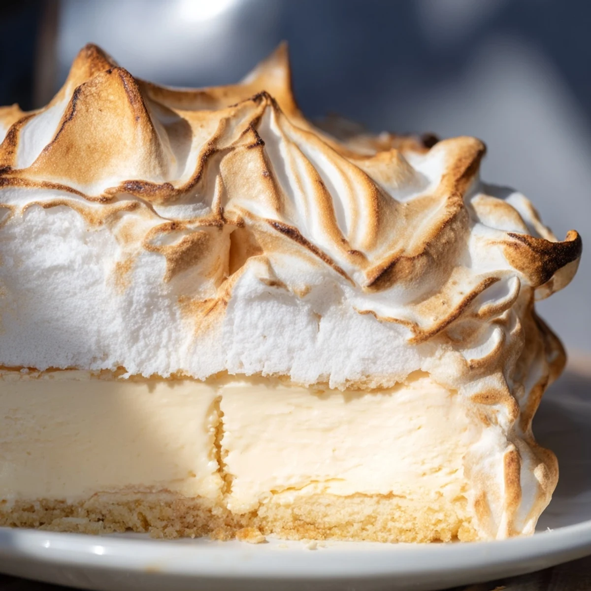 Holiday Baked Alaska dessert with caramelized meringue topping, plated with berries and sparkler.