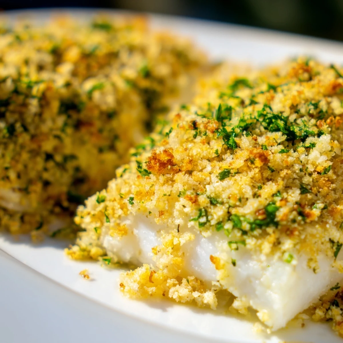 Golden, herbed Baked Haddock with Breadcrumbs topped with fresh parsley and lemon wedges on a rustic plate.