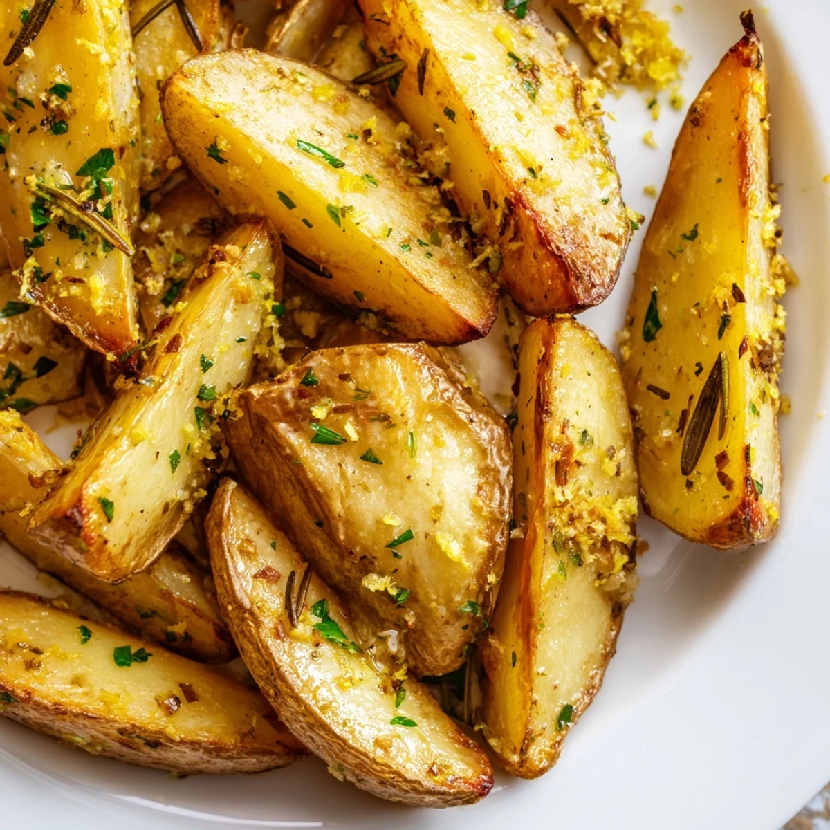 Crispy golden Lemon Potatoes with Rosemary roasted with lemon zest and garlic on a white plate.
