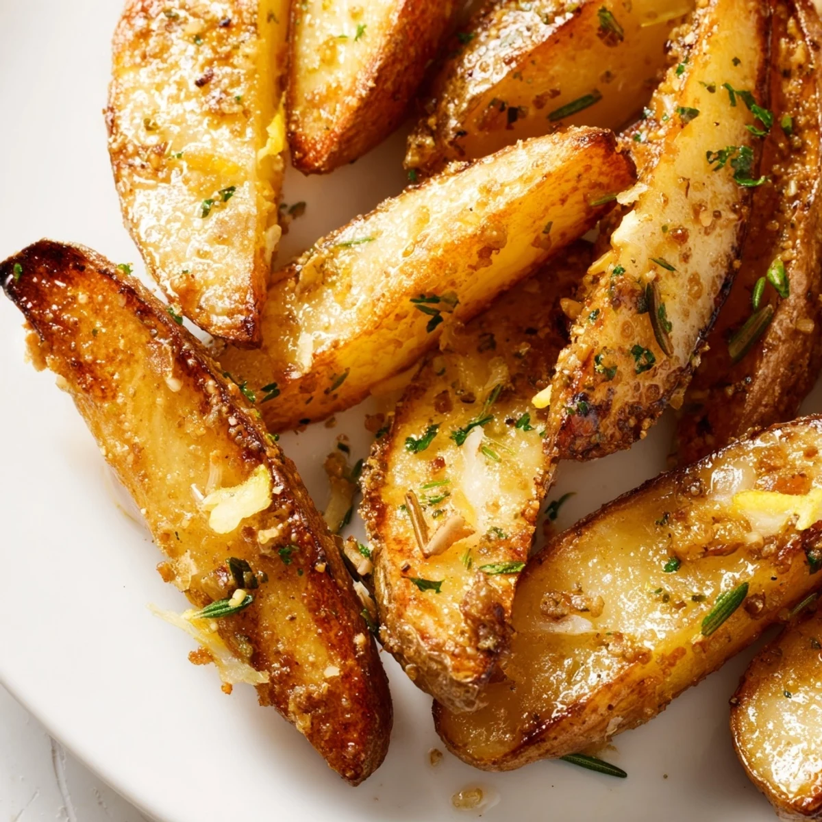 Roasted Lemon Potatoes with Rosemary served alongside grilled chicken for an easy Mediterranean dinner.