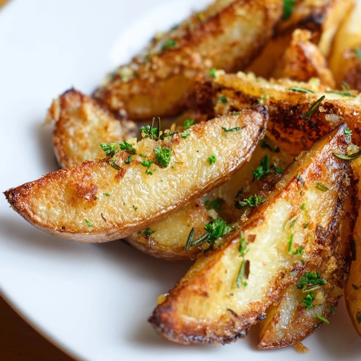 Golden-brown Lemon Potatoes with Rosemary, garnished with fresh parsley on a rustic wooden table.