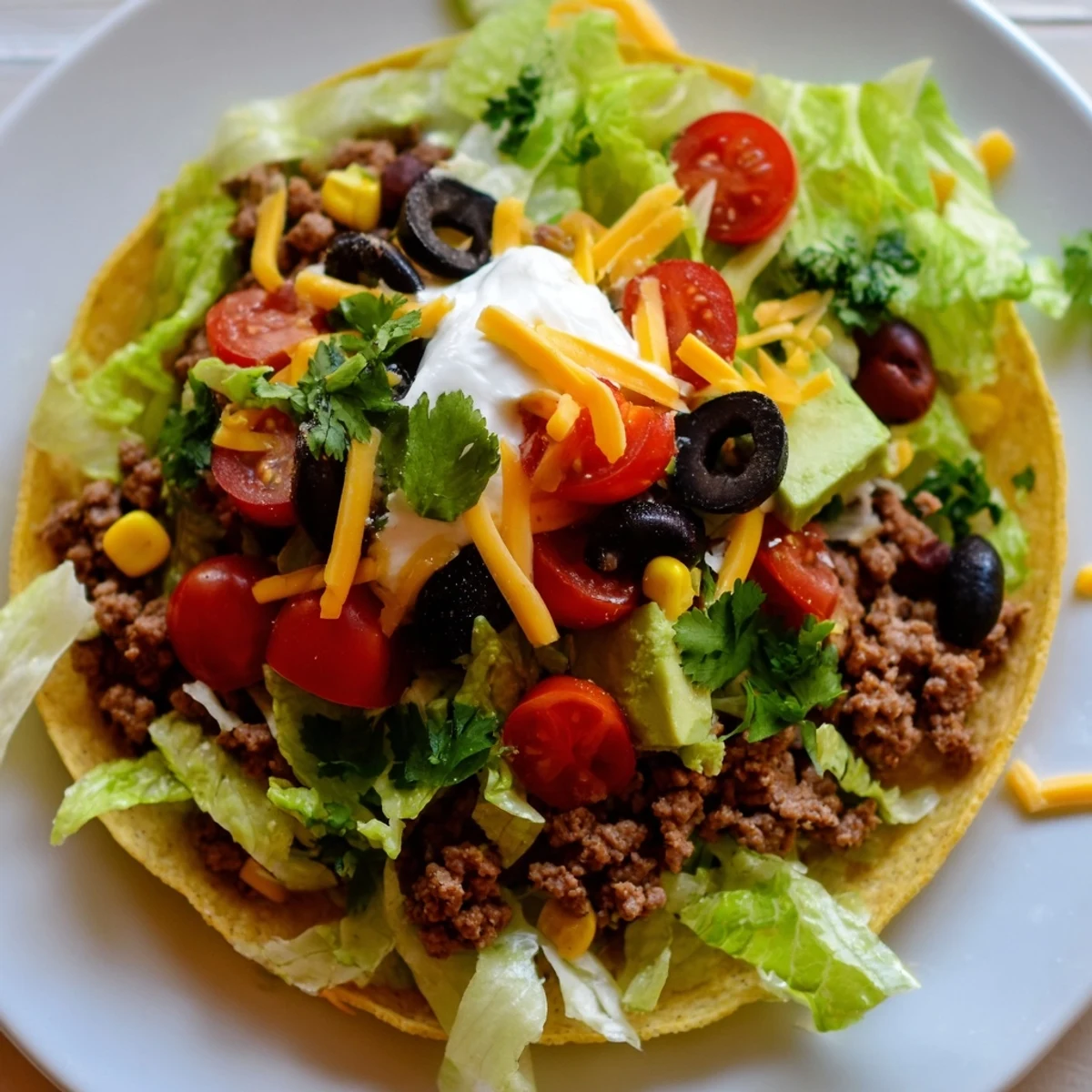 Crispy baked flour tortilla shell filled with seasoned ground beef, black beans, and fresh diced avocado.