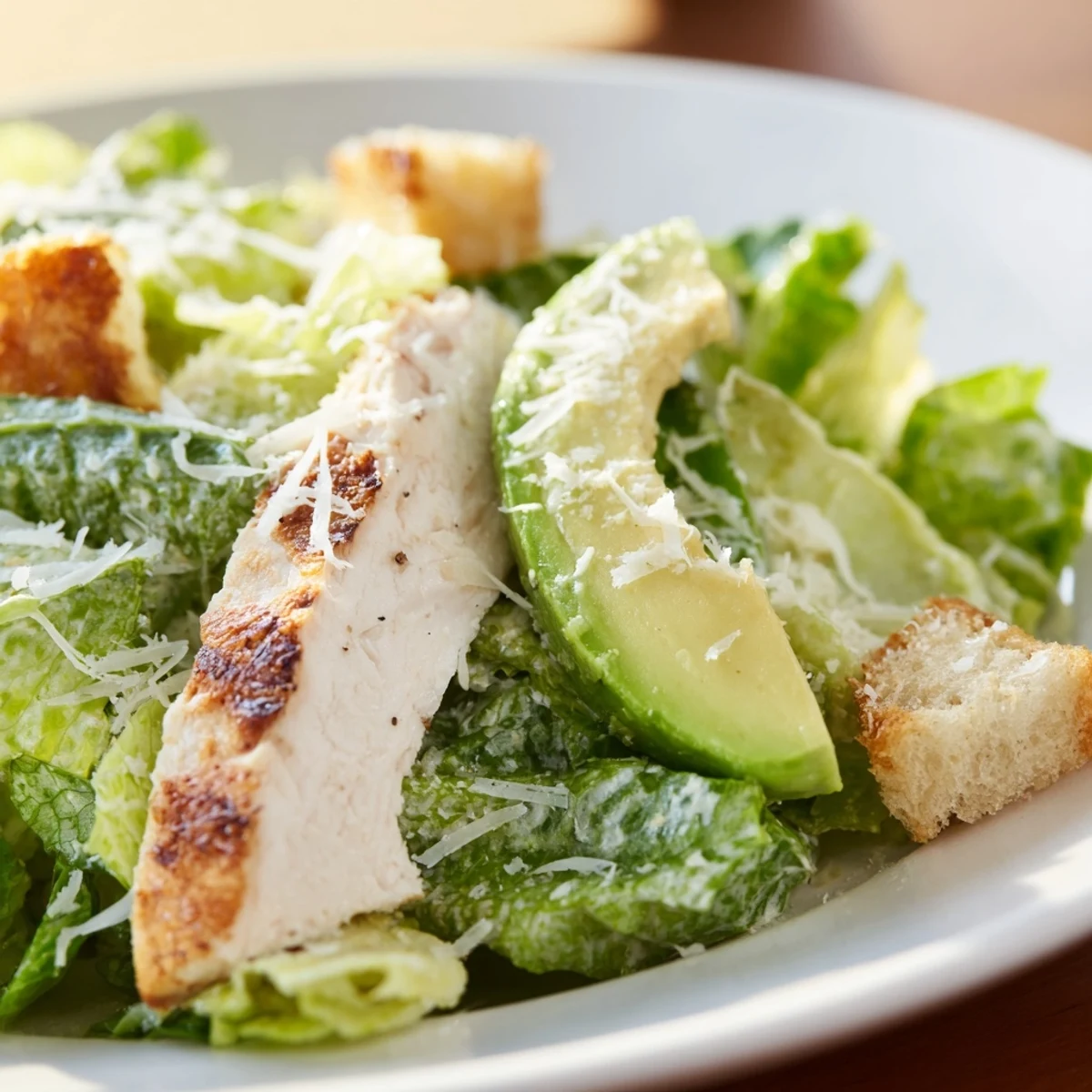 Close-up of fresh Chicken Caesar Salad with Avocado, featuring succulent grilled chicken, sliced ripe avocado, and a drizzle of homemade Caesar dressing on romaine.