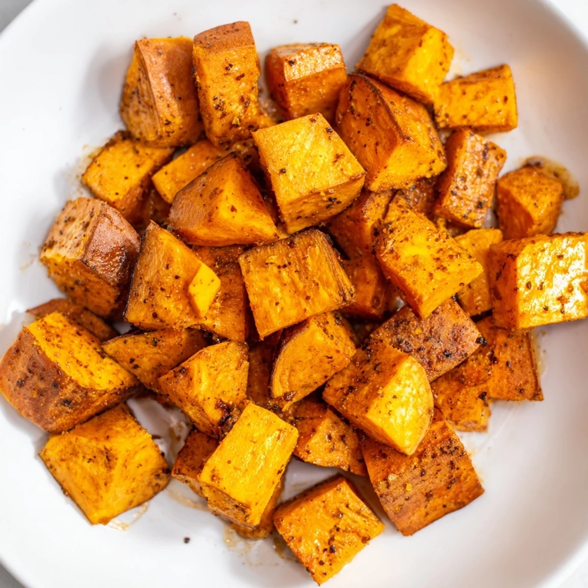 Golden, caramelized Crispy Sweet Potatoes with Cinnamon fresh from the oven, showing tender interiors and crunchy edges on a baking sheet.