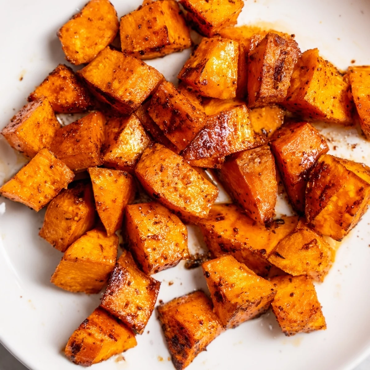 Savory roasted Crispy Sweet Potatoes with Cinnamon seasoned with paprika, drizzled with maple syrup, served on a white plate.