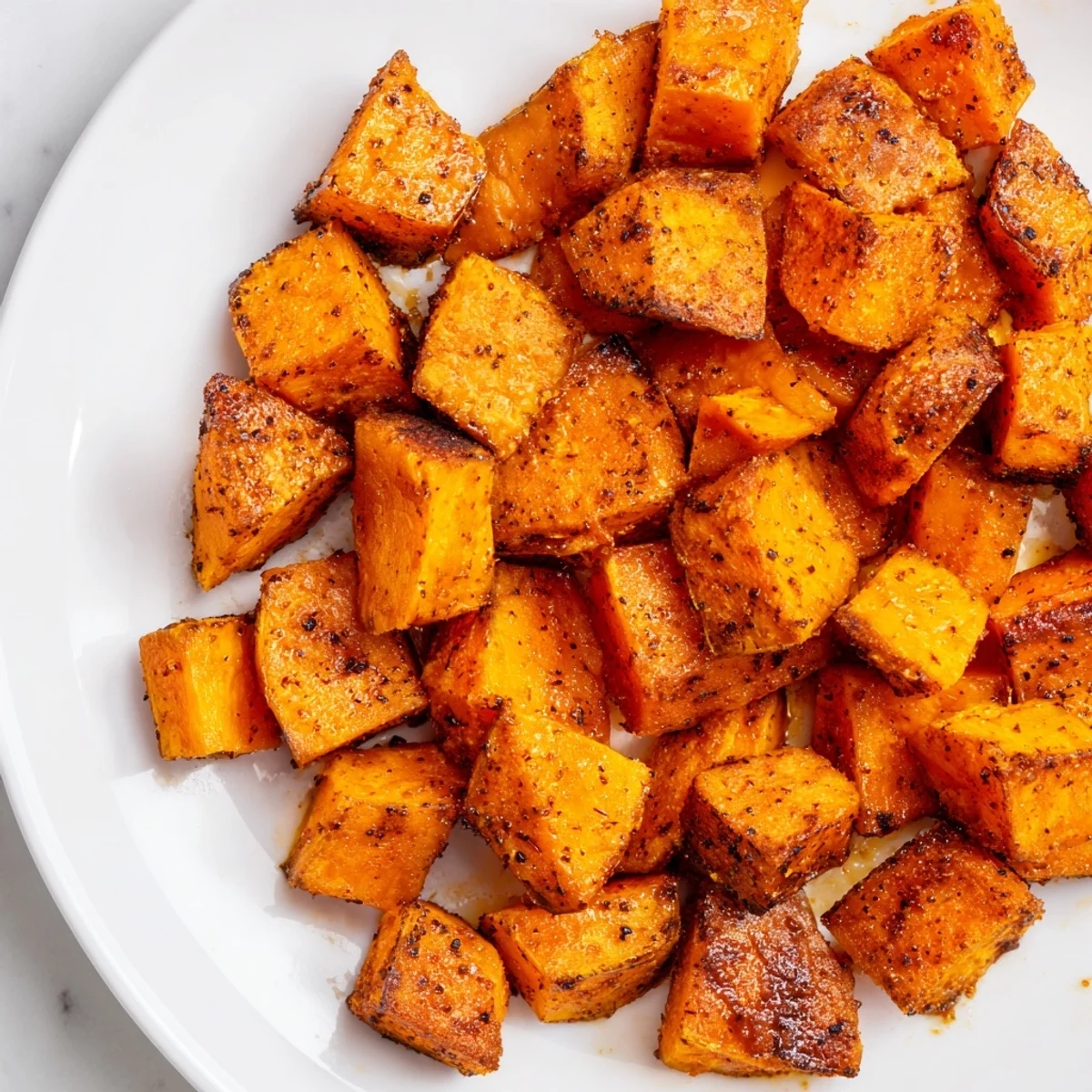 Freshly prepared Crispy Sweet Potatoes with Cinnamon in a rustic bowl, garnished with herbs, perfect as a gluten-free side dish.