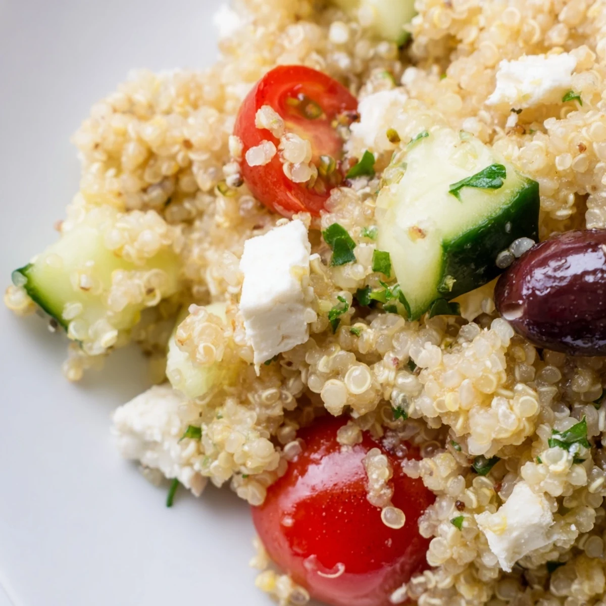 Fresh Mediterranean Quinoa Salad with Tomatoes, cucumbers, and Kalamata olives in a white bowl, topped with crumbled feta and fresh herbs.