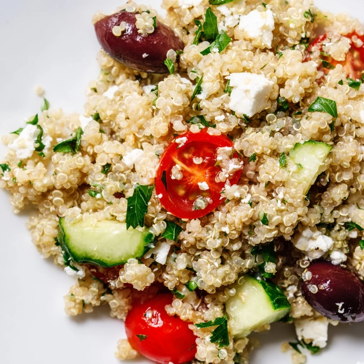 Tossed Mediterranean Quinoa Salad with Tomatoes and zesty lemon-oregano dressing, served on a plate alongside grilled chicken for a complete lunch.