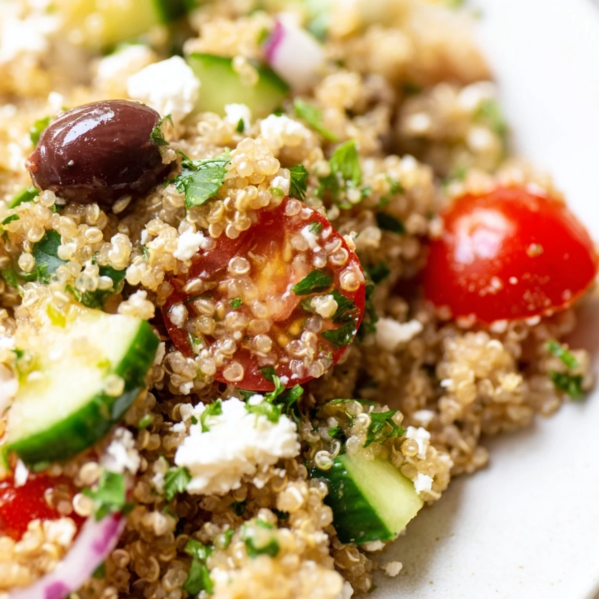 Vibrant Mediterranean Quinoa Salad with Tomatoes, diced veggies, and feta cheese, ready to serve chilled at a sunny summer picnic.