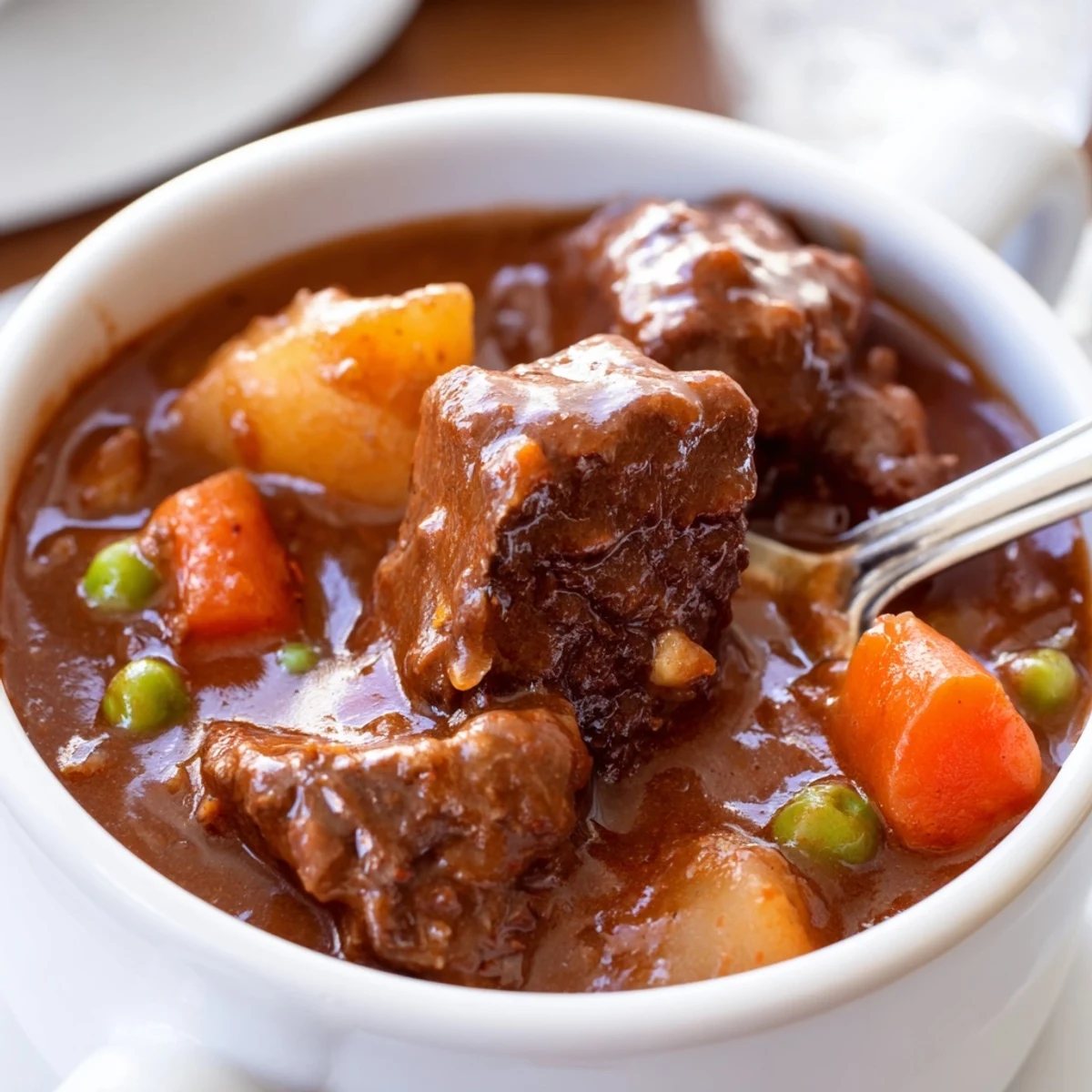 A hearty bowl of Slow Cooker Beef Stew with a rich, dark broth, served with warm crusty bread.