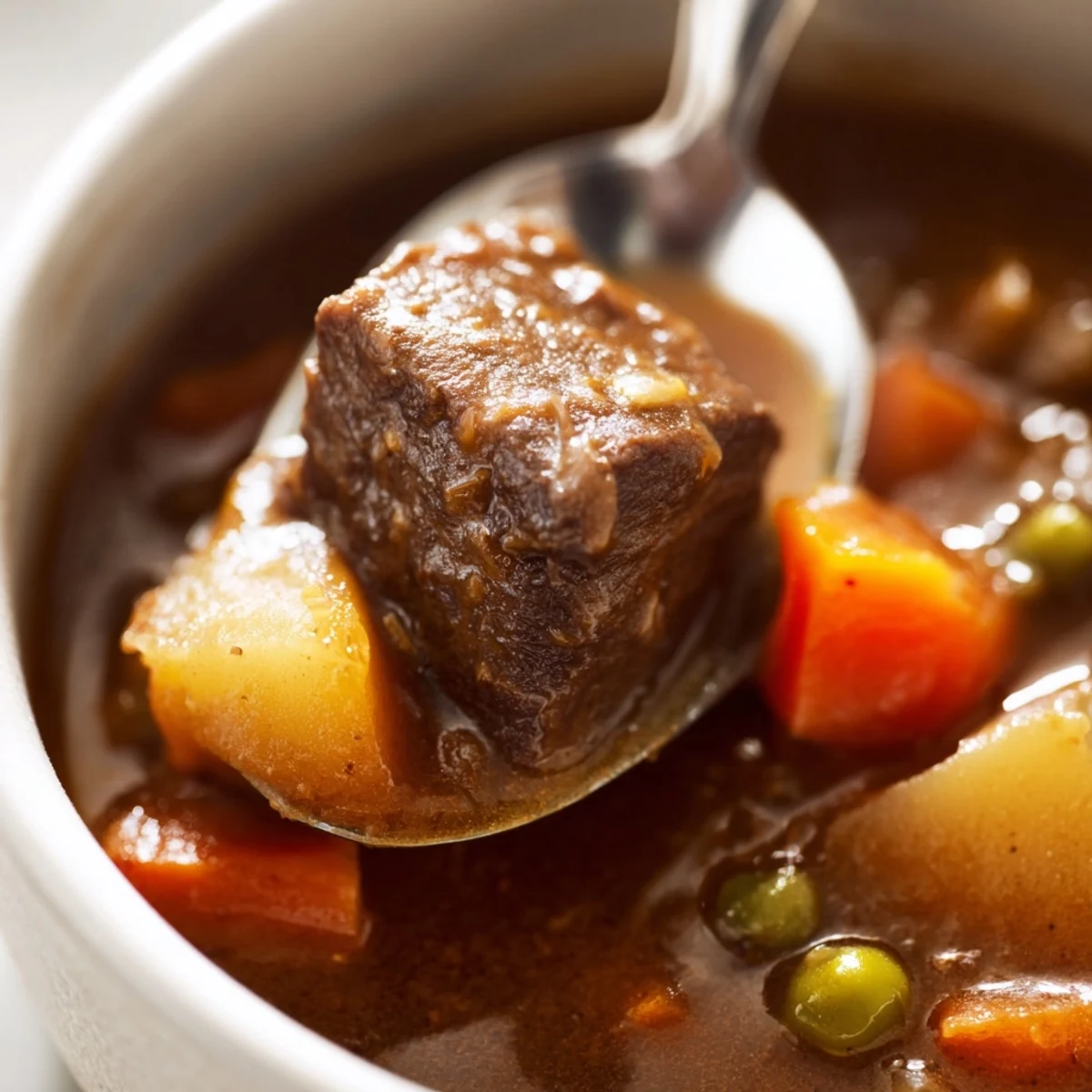 Tender beef chunks and diced vegetables in a thick Slow Cooker Beef Stew, steaming on a plate.
