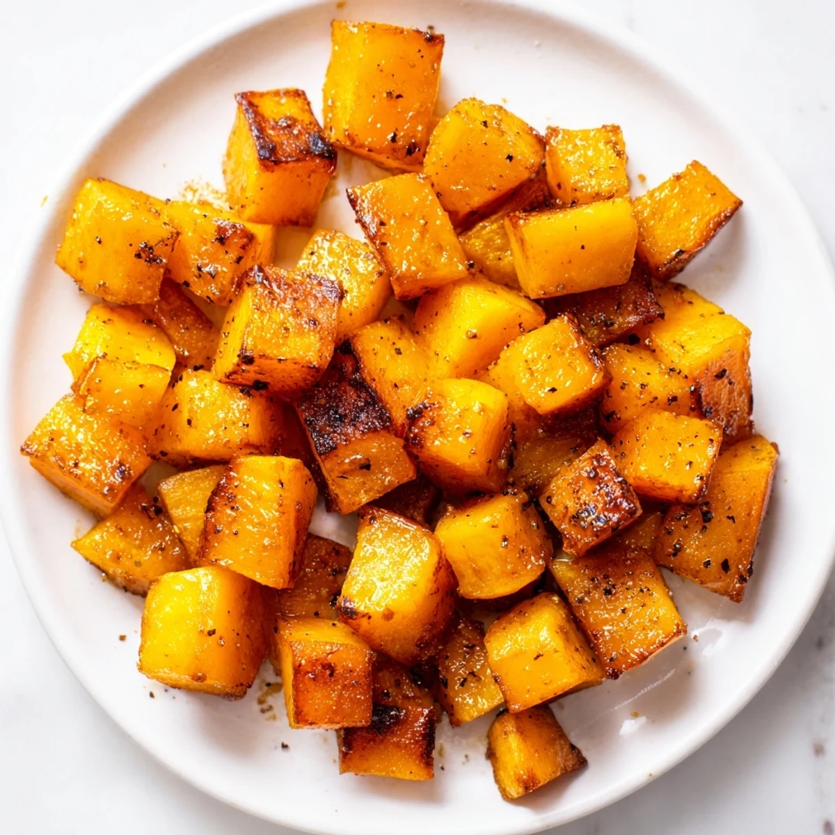 Golden cubes of Roasted Squash with Brown Sugar glistening with warm cinnamon and nutmeg on a parchment-lined baking sheet.