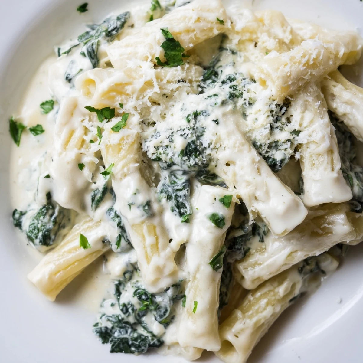 Creamy Spinach and Cheese Pasta served in a rustic bowl with steam rising, finished with extra Parmesan and fresh basil leaves.