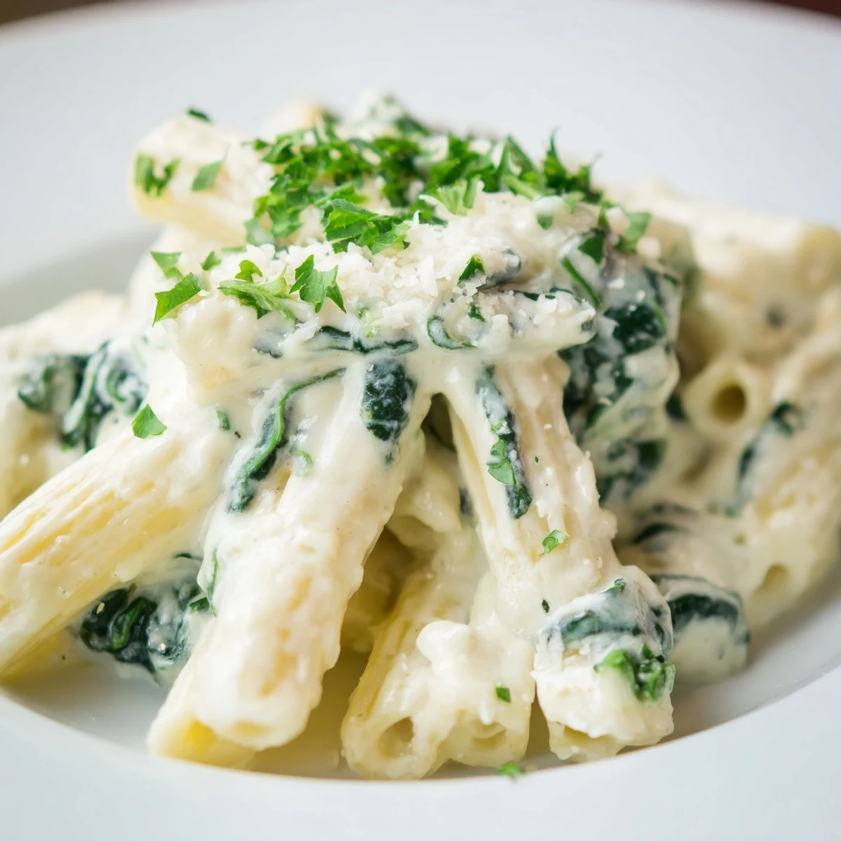 A skillet of Creamy Spinach and Cheese Pasta, the velvety sauce clinging to penne with wilted spinach and garlic.