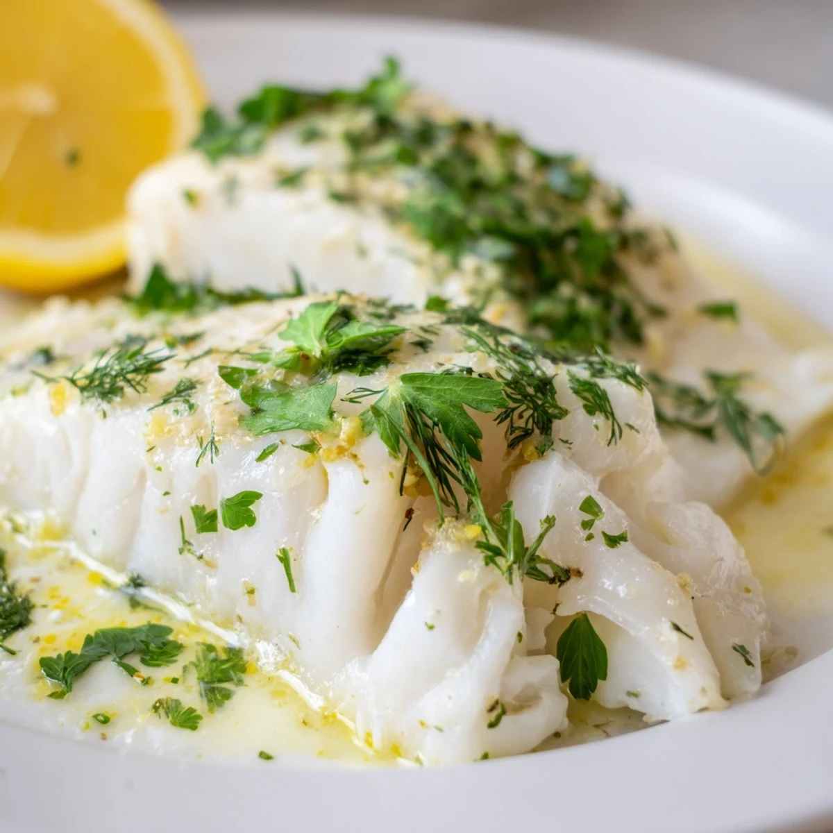 Flaky baked cod fillets glistening with lemon butter sauce and fresh herbs on a white plate.