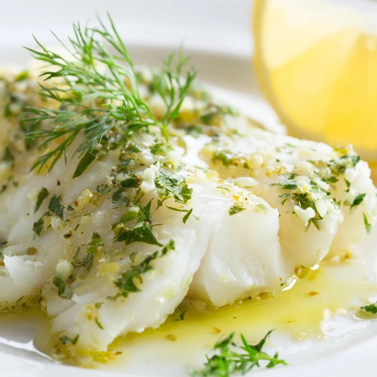 A fork flakes the tender baked cod with lemon butter, served alongside steamed broccoli.