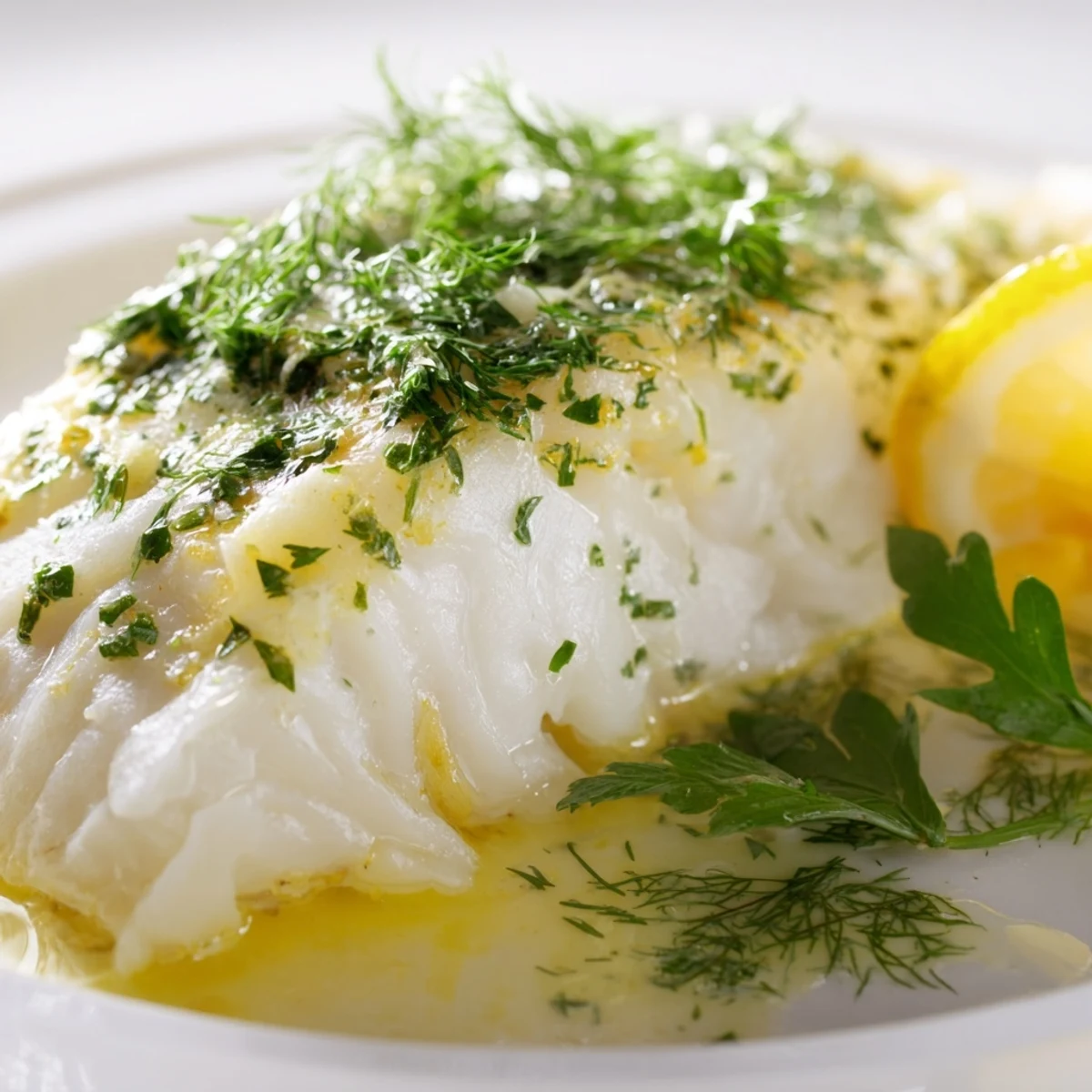 Close-up of baked cod with lemon butter and fresh dill garnish, ready to serve.