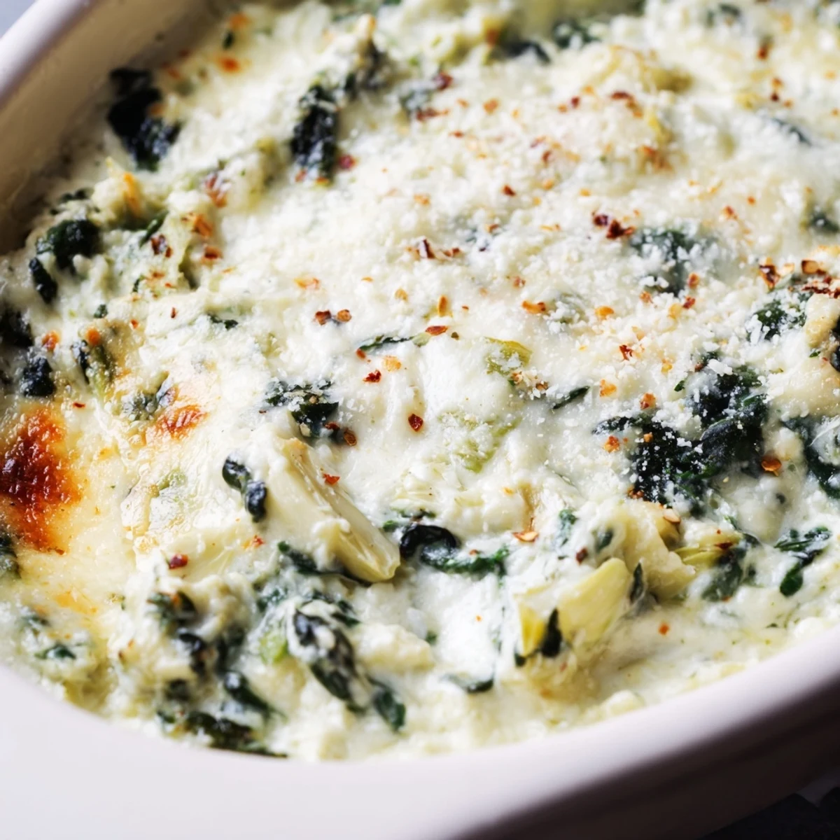 Golden bubbly Creamy Spinach Artichoke Dip in a baking dish, served with crunchy tortilla chips for dipping.