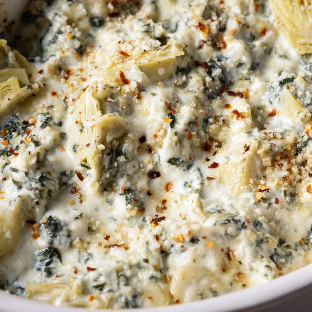 Creamy Spinach Artichoke Dip bubbling from the oven, cheese pulling from a warm serving scoop.