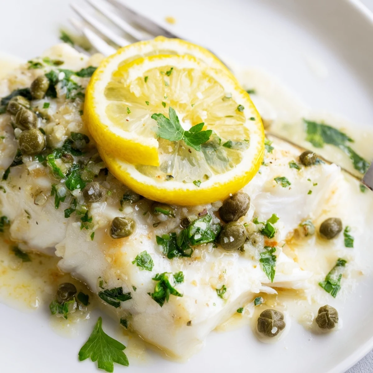 Flaky baked halibut fillet topped with a vibrant lemon-caper sauce, served alongside roasted potatoes and green asparagus.