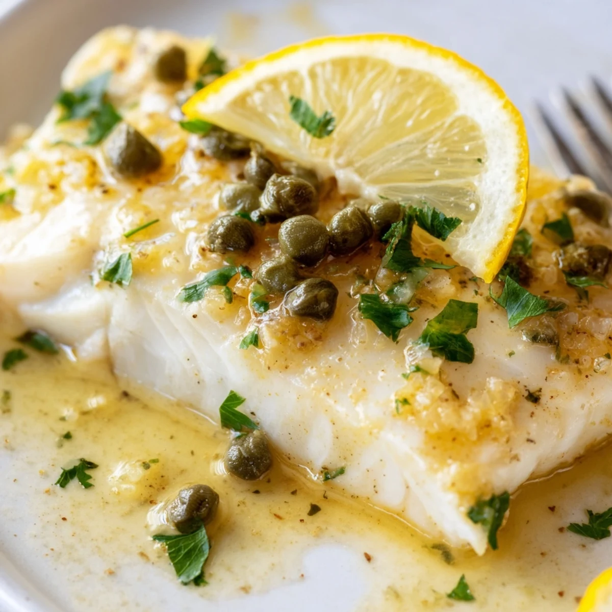 Golden-baked Baked Halibut with Lemon Capers drizzled with buttery sauce, paired with steamed vegetables for a healthy gluten-free dinner.