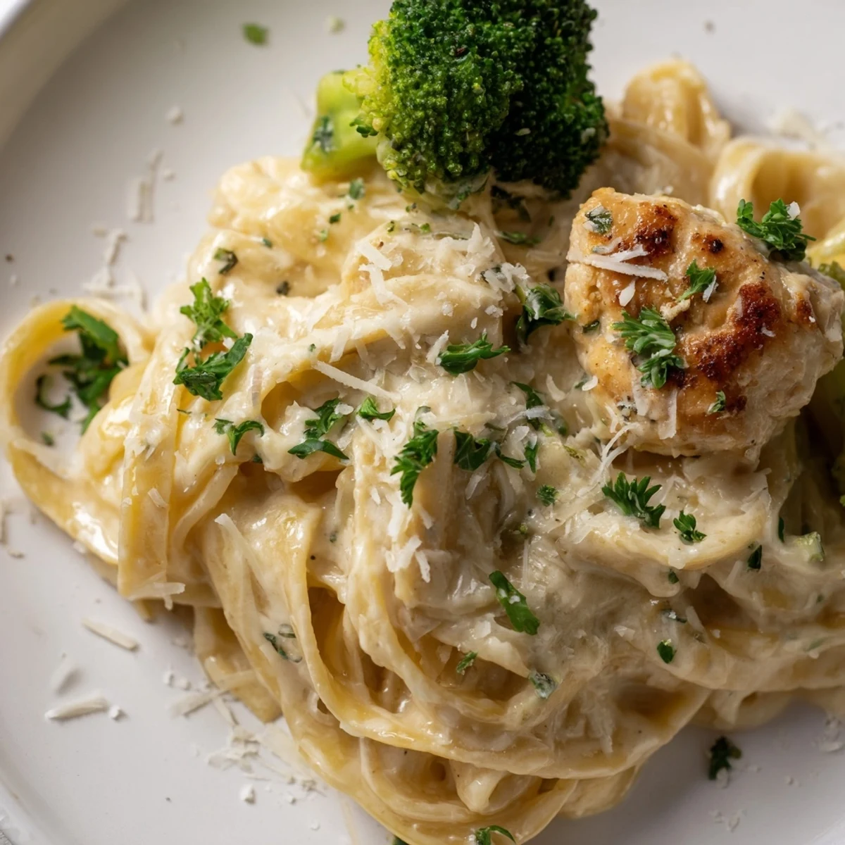 Creamy Chicken Alfredo with Broccoli and fettuccine pasta in a white bowl, garnished with fresh parsley and grated Parmesan.