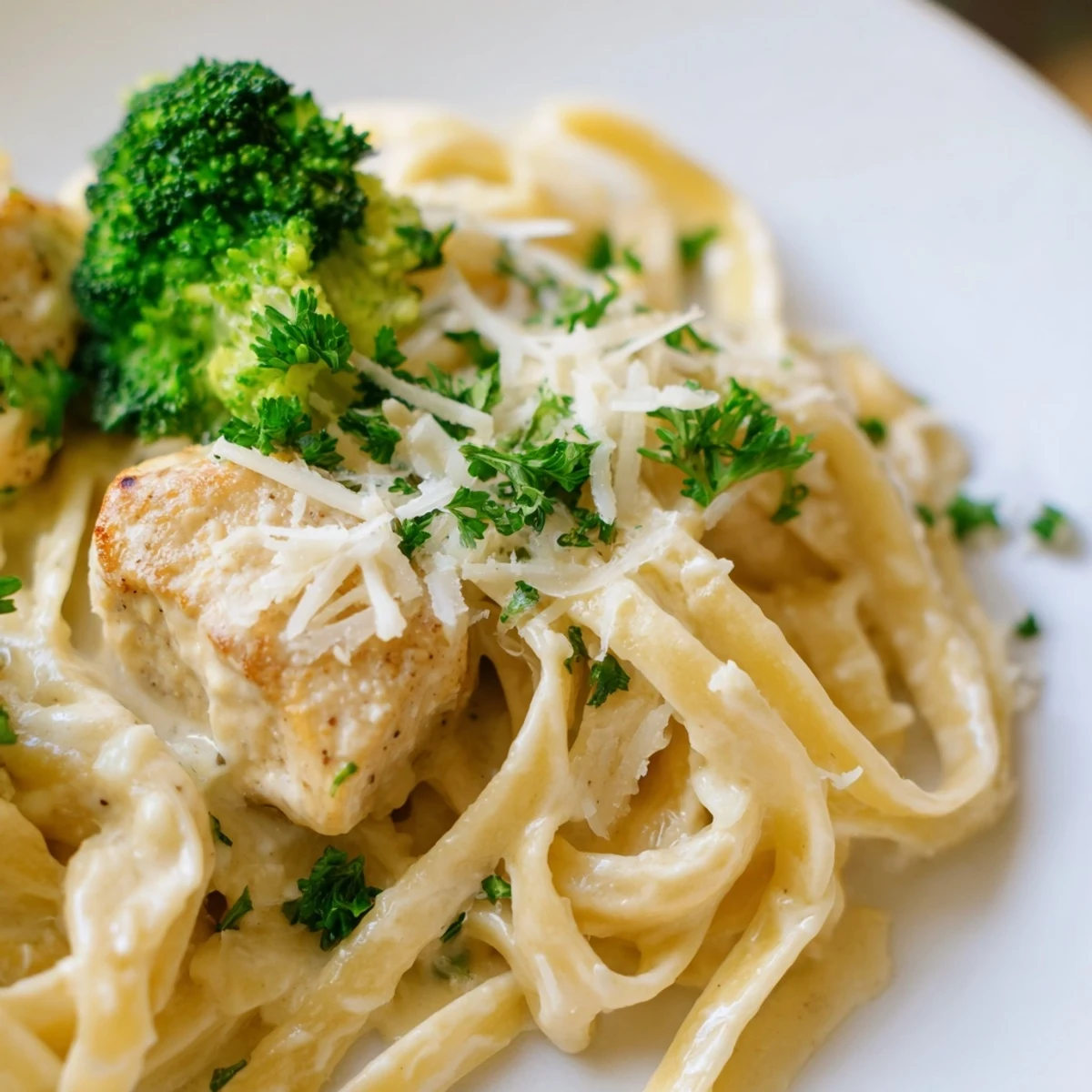 Hearty Chicken Alfredo with Broccoli featuring golden chicken pieces and crisp green broccoli tossed in rich Parmesan sauce.