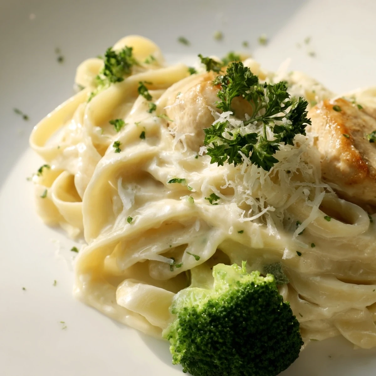 Close-up of Chicken Alfredo with Broccoli, showcasing creamy sauce coating fettuccine noodles, chicken, and tender broccoli florets.
