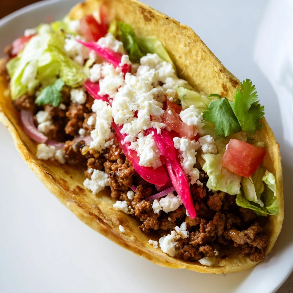 Two stacked Beef Tacos with Pickled Onions, shredded lettuce, diced tomatoes, and crumbled cotija cheese.