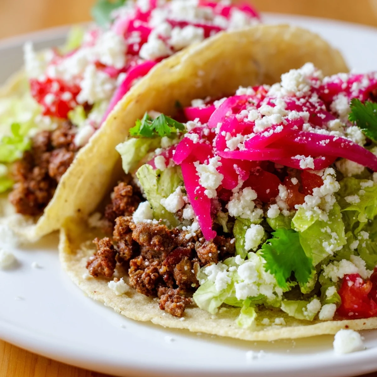 Seasoned ground beef filling topped with tangy pickled onions and fresh cilantro in warm tortillas.