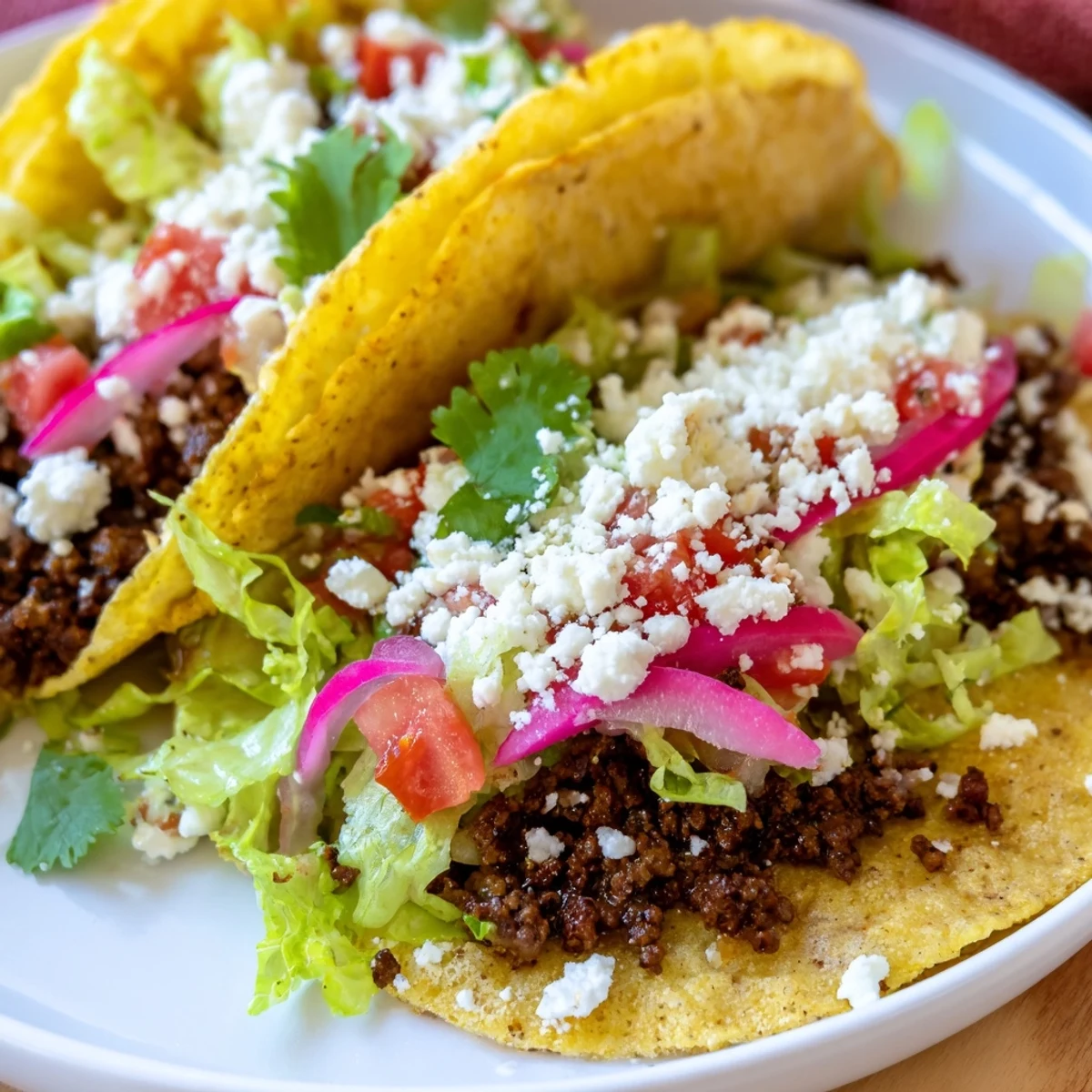 Close-up of Beef Tacos with Pickled Onions featuring juicy beef, vibrant pink onions, and lime wedges.