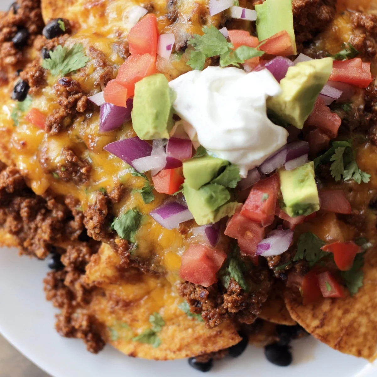 Freshly baked Beef Nachos with Black Beans topped with melted cheddar, sour cream, diced avocado, and vibrant cilantro.