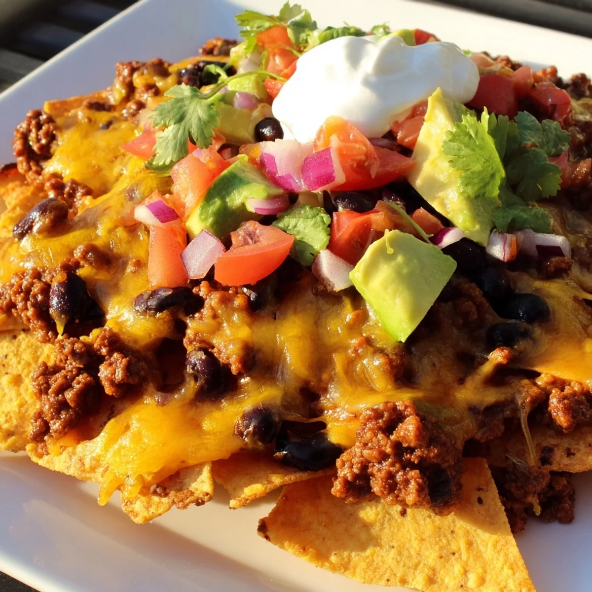 Golden tortilla chips piled high with savory beef, hearty black beans, and gooey cheese, ready to share.