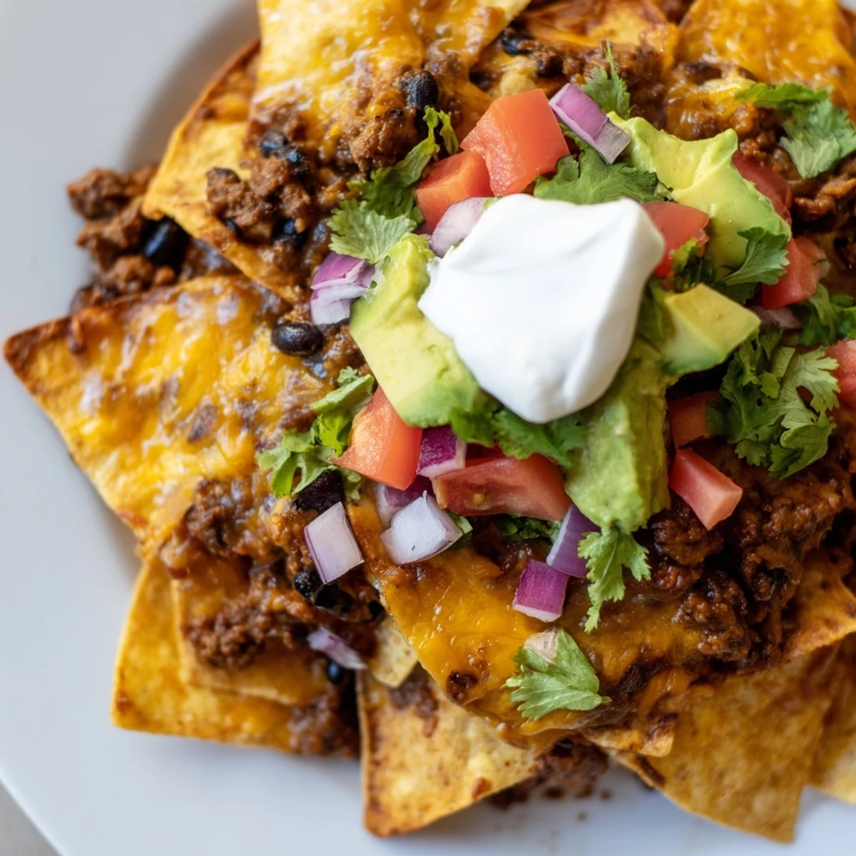A close-up of Tex-Mex Beef Nachos with Black Beans featuring spicy beef, beans, jalapeños, and lime wedges.