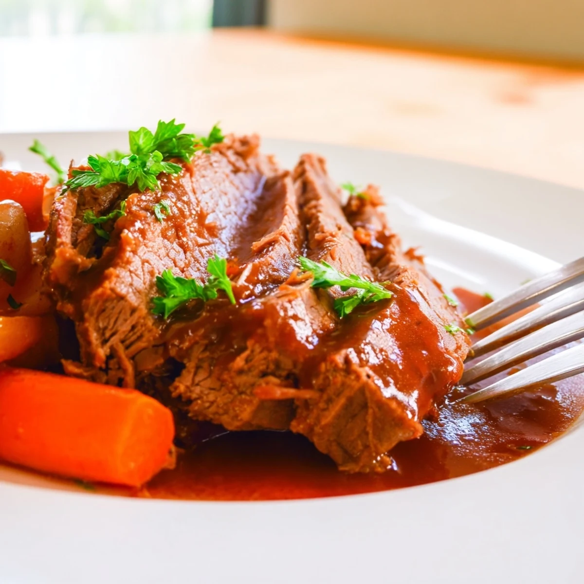 A rustic serving of Slow Cooker Beef Brisket next to creamy mashed potatoes, garnished with fresh parsley for a family meal.