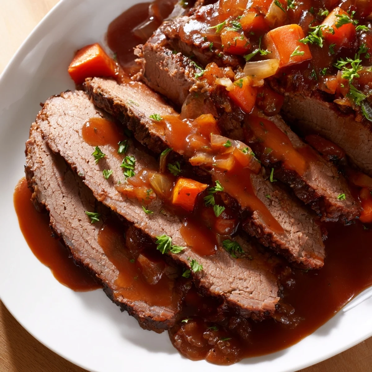 Tender slices of Slow Cooker Beef Brisket on a platter with roasted carrots and onions, drizzled with savory pan juices.
