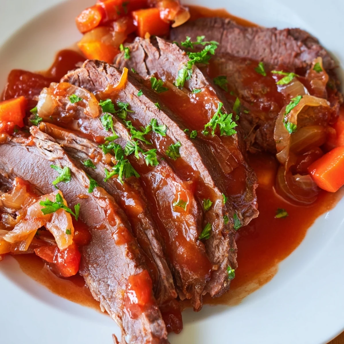 Thick-cut Slow Cooker Beef Brisket with barbecue glaze, served on a wooden board with colorful roasted root vegetables.