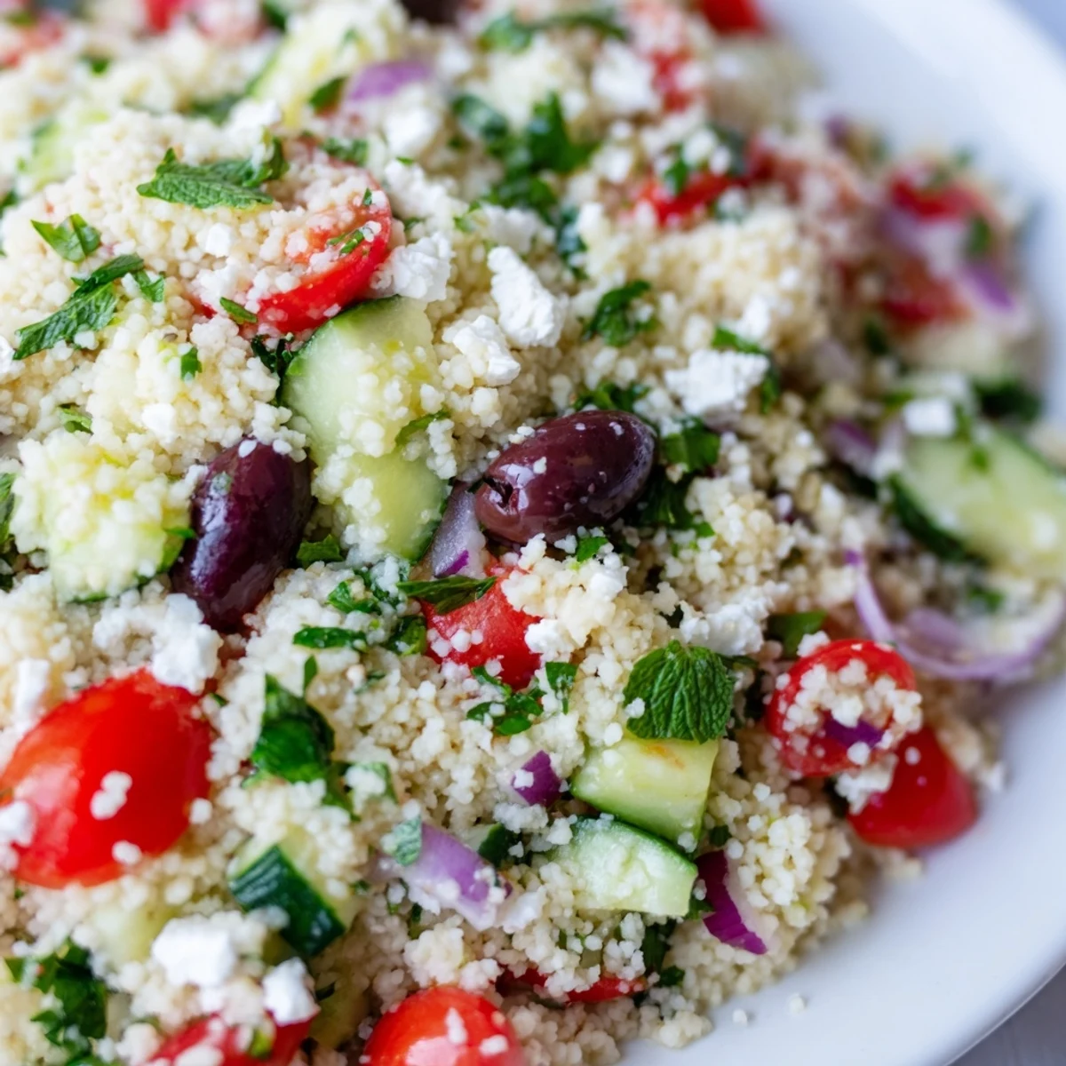 Mediterranean Couscous Salad in a white bowl features fluffy couscous mixed with cherry tomatoes, cucumbers, and crumbled feta cheese.