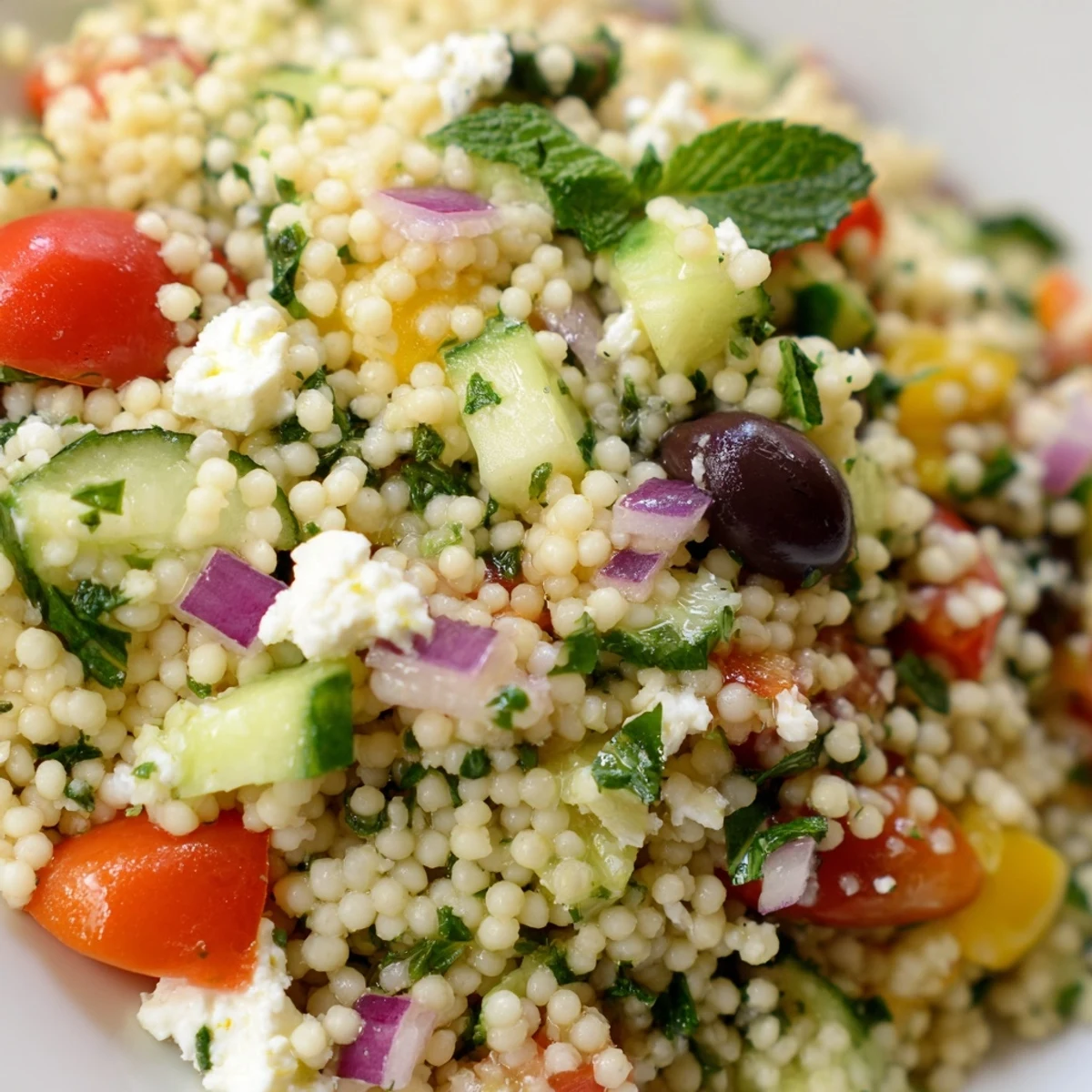 Vibrant Mediterranean Couscous Salad with Kalamata olives, diced red onion, and fresh parsley, drizzled with lemon-olive oil dressing.