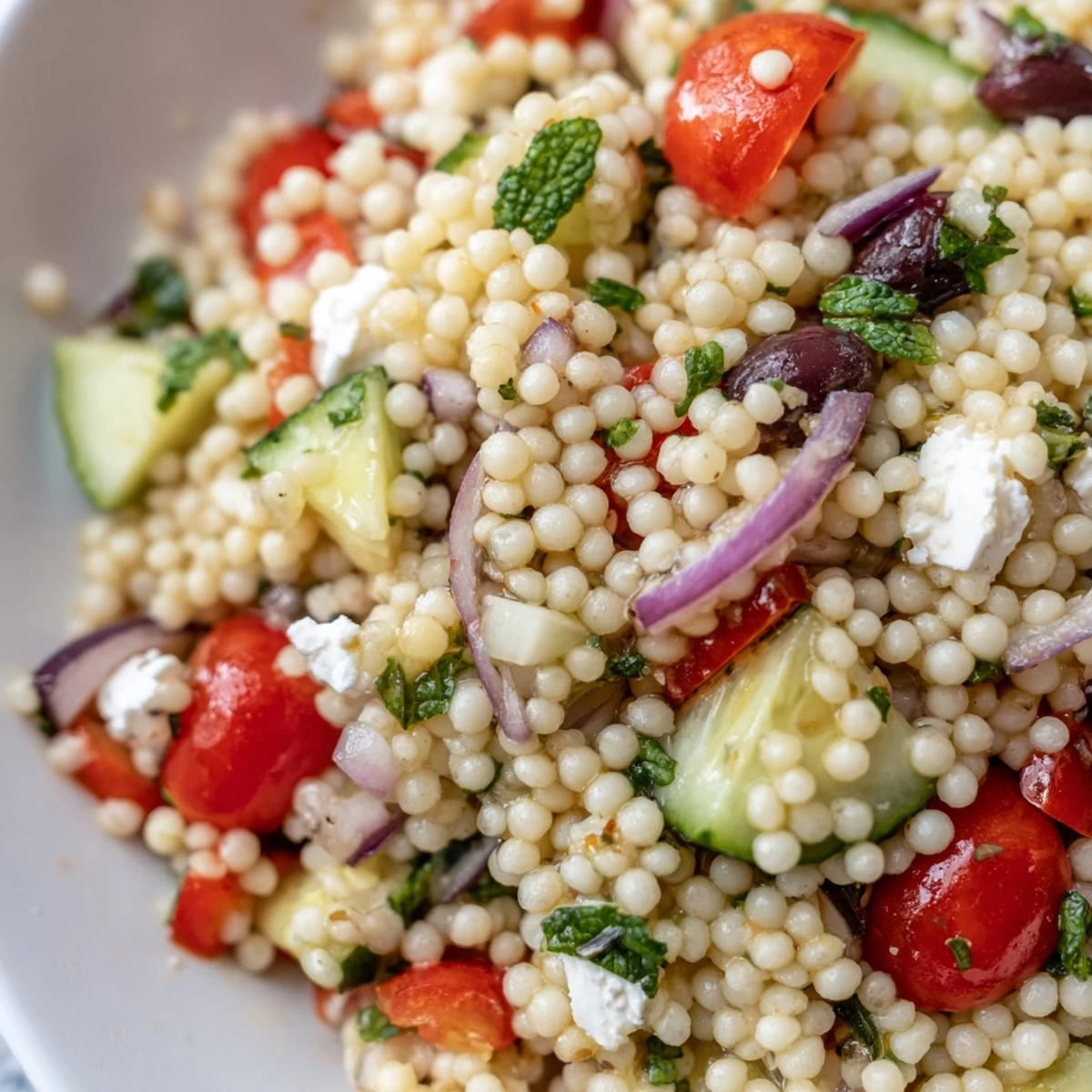 Ready-to-serve Mediterranean Couscous Salad garnished with mint, perfect for a summer picnic or a healthy light lunch.