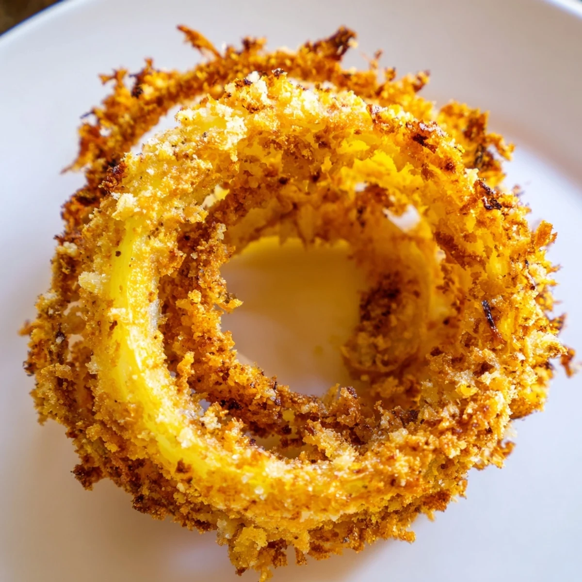 Golden-brown Crispy Baked Onion Rings stacked high with a crunchy panko and Parmesan coating.