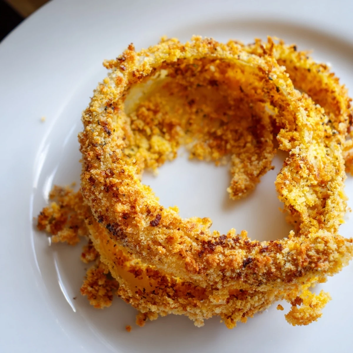 Freshly baked Crispy Baked Onion Rings revealing tender onion centers and a golden, crispy crust.