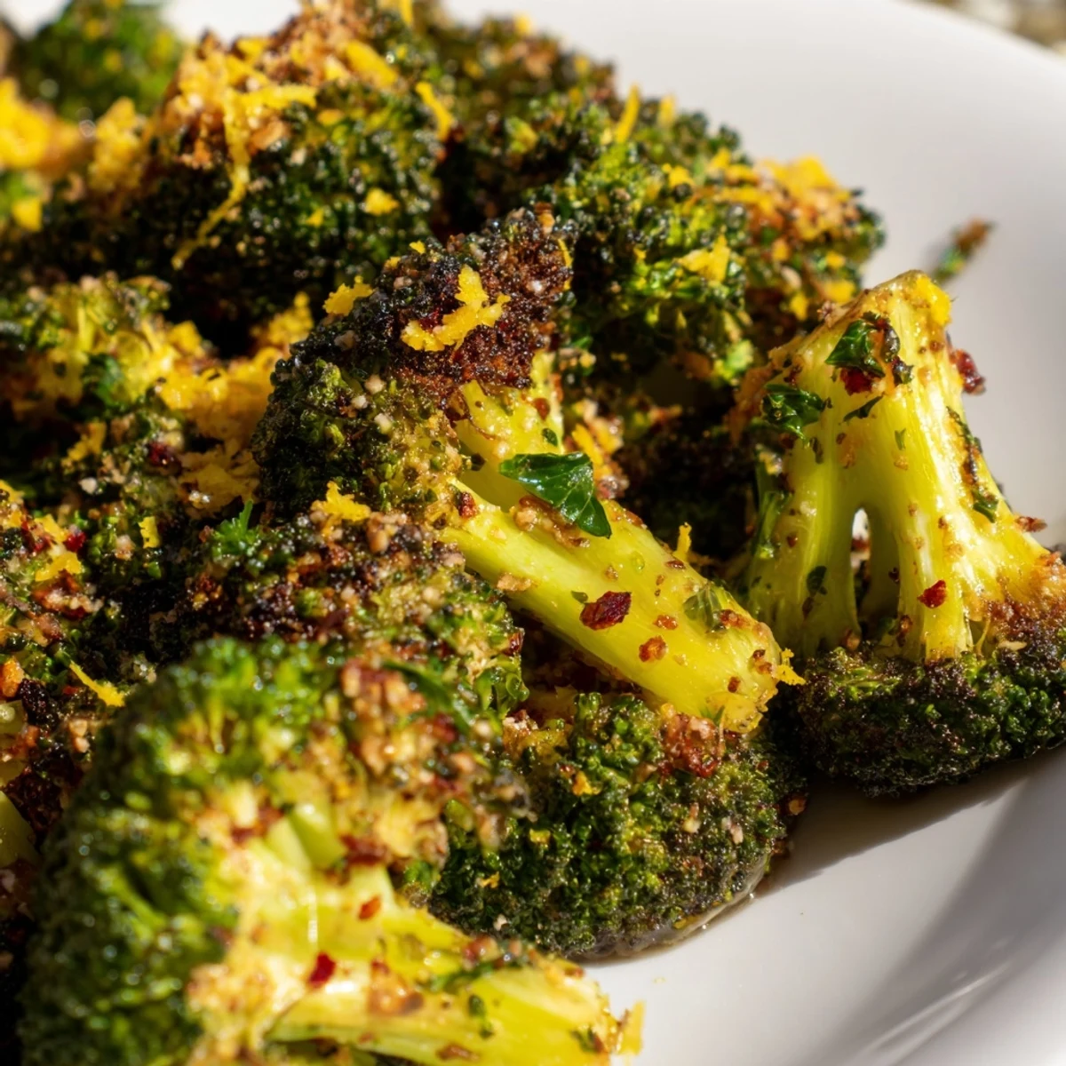 Fresh, bright green Lemon Garlic Roasted Broccoli florets with golden edges and minced garlic scattered on a baking sheet.