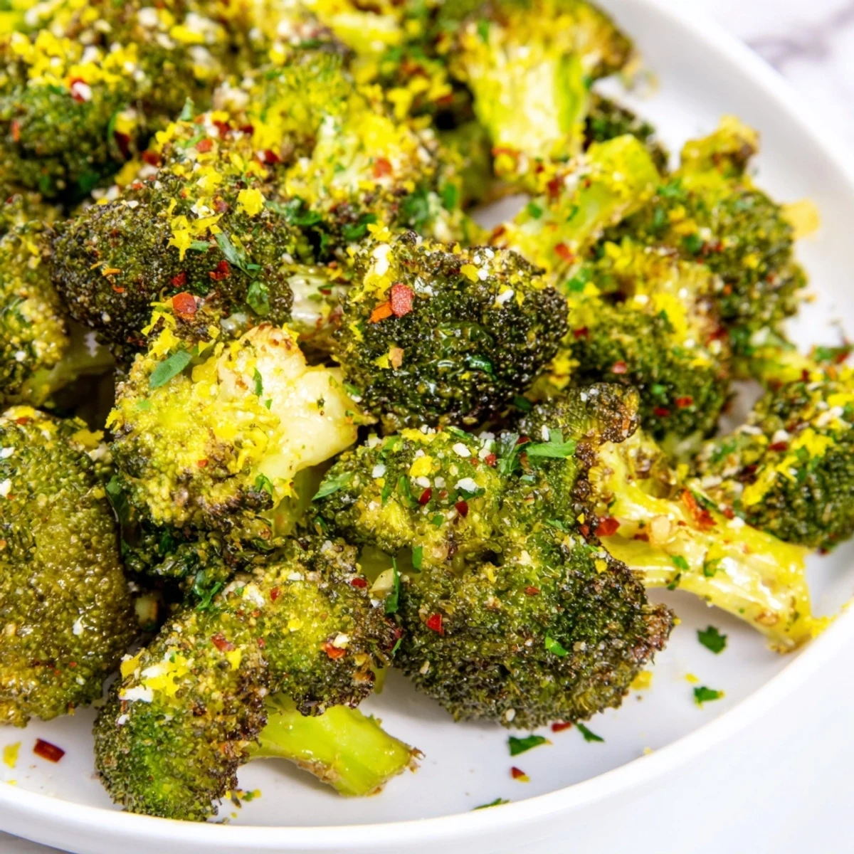 Zesty Lemon Garlic Roasted Broccoli served warm on a white platter, garnished with chopped parsley and a sprinkle of Parmesan.