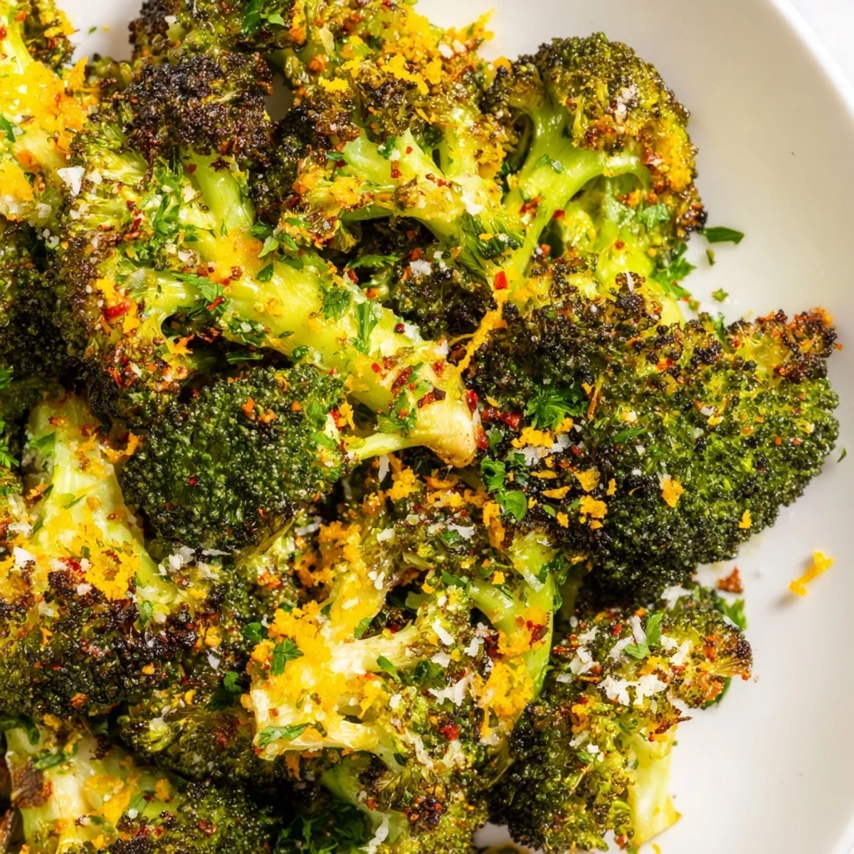 Tossed in olive oil, Lemon Garlic Roasted Broccoli with lemon zest on a rustic table beside grilled chicken for dinner.