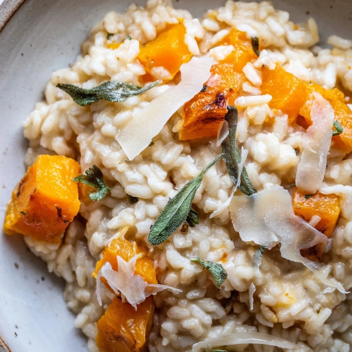 Golden roasted butternut squash Risotto steams in a white bowl, garnished with fresh sage and Parmesan cheese.