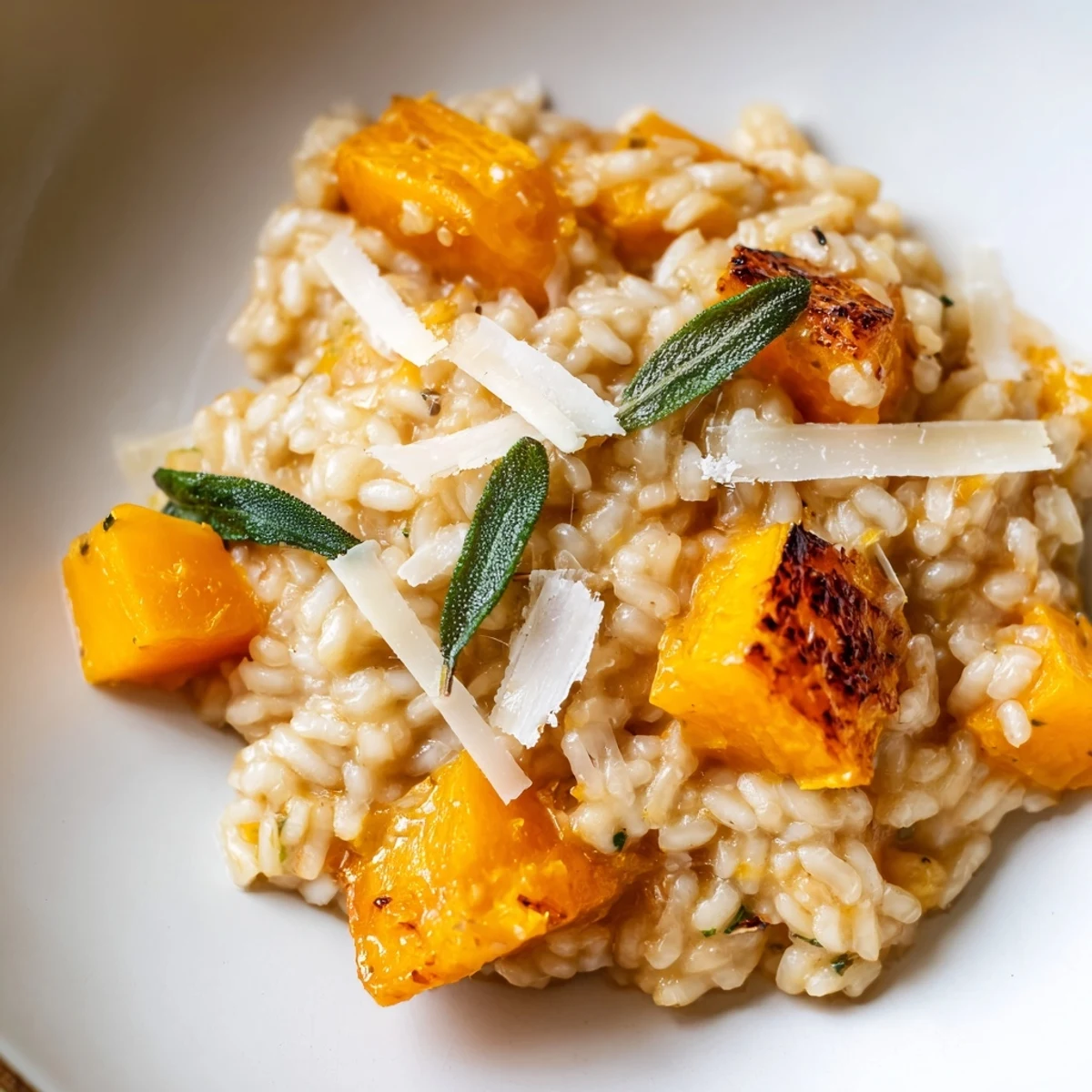 A spoon scoops into warm roasted butternut squash Risotto, showing its velvety texture and golden squash cubes.